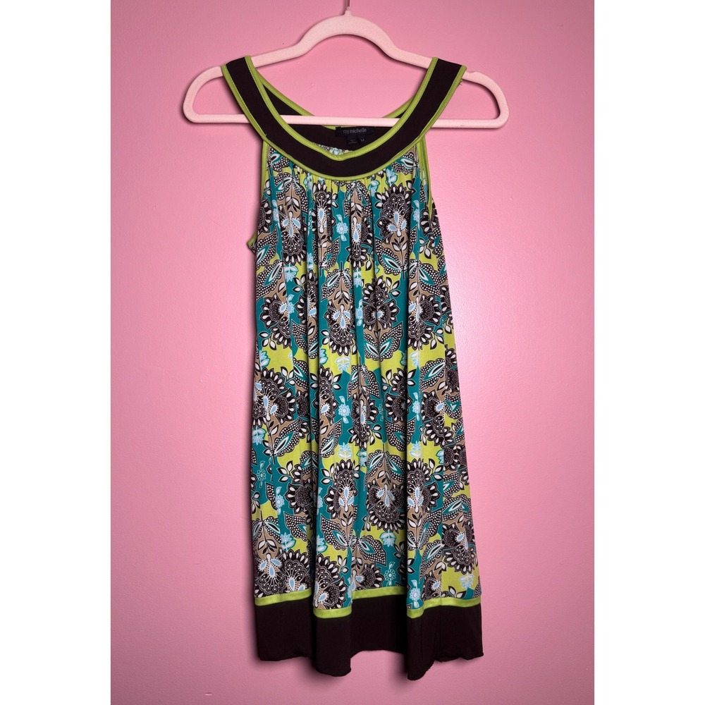 VTG My Michelle Womens Paisley Floral Halter Neck Tunic Top Green Brown Medium